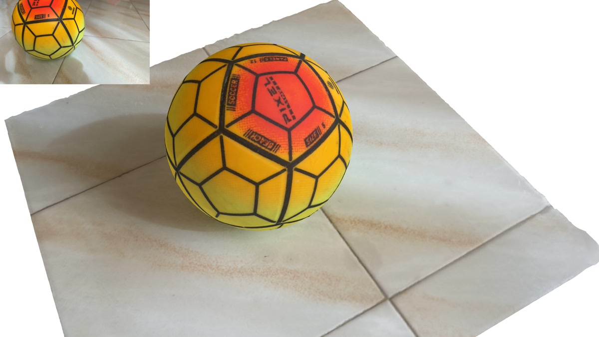 Reconstructed yellow and orange sports ball on a captured tile surface, with the original product reference in the upper left